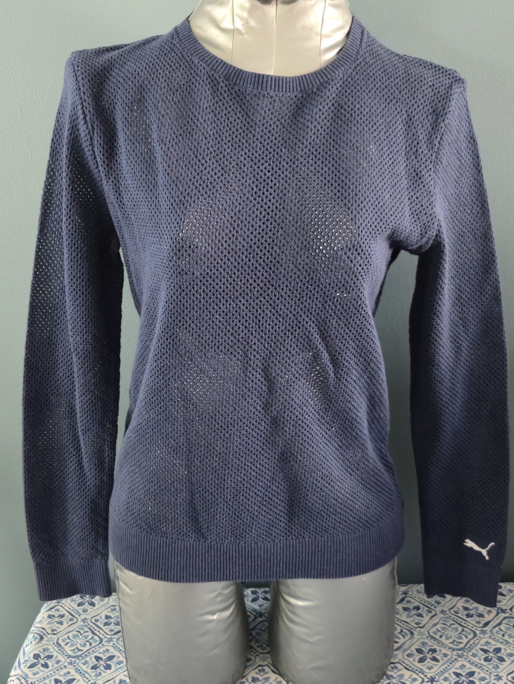 Puma Navy Open-Knit Crewneck Sweater